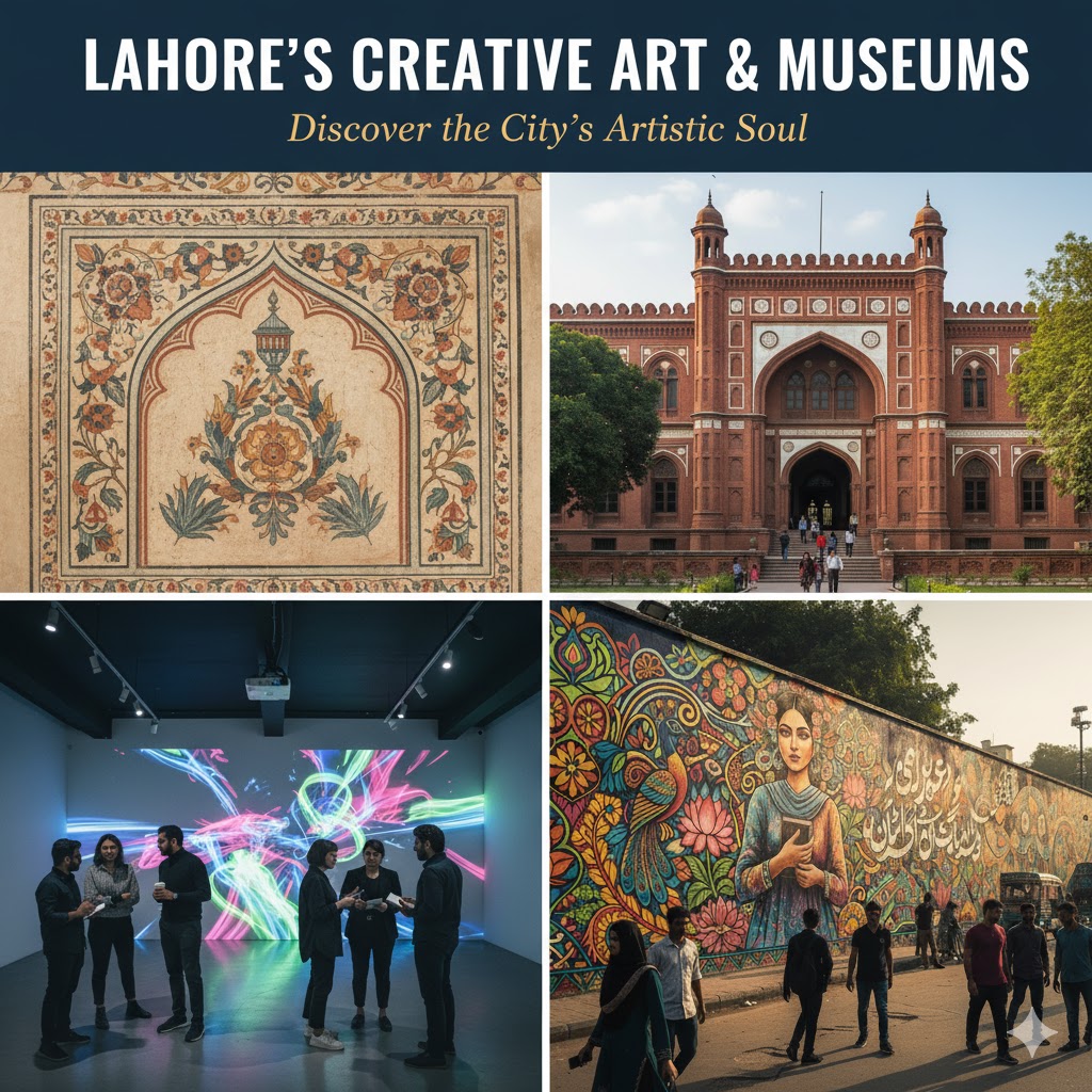 Collage of Lahore’s art galleries, murals, and museums symbolizing city’s creative identity.