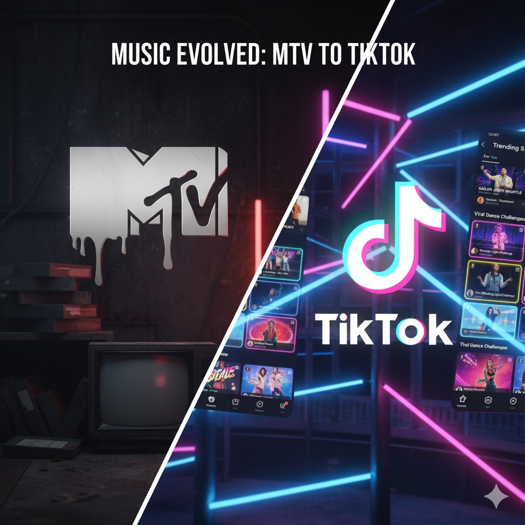 Collage of MTV logo fading into TikTok logo under musical neon lights — symbolizing evolution of music culture