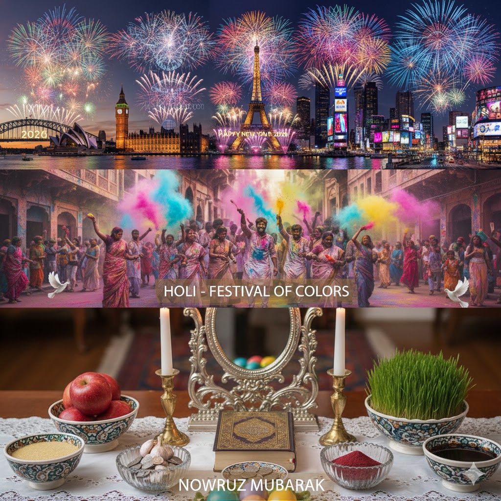 Collage of New Year fireworks, Holi colors, and Nowruz celebrations symbolizing global unity