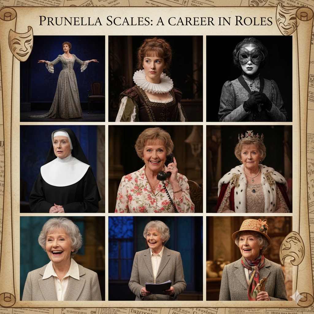 Collage of Prunella Scales’ iconic roles over decades, from stage performances to Sybil Fawlty in Fawlty Towers. 
