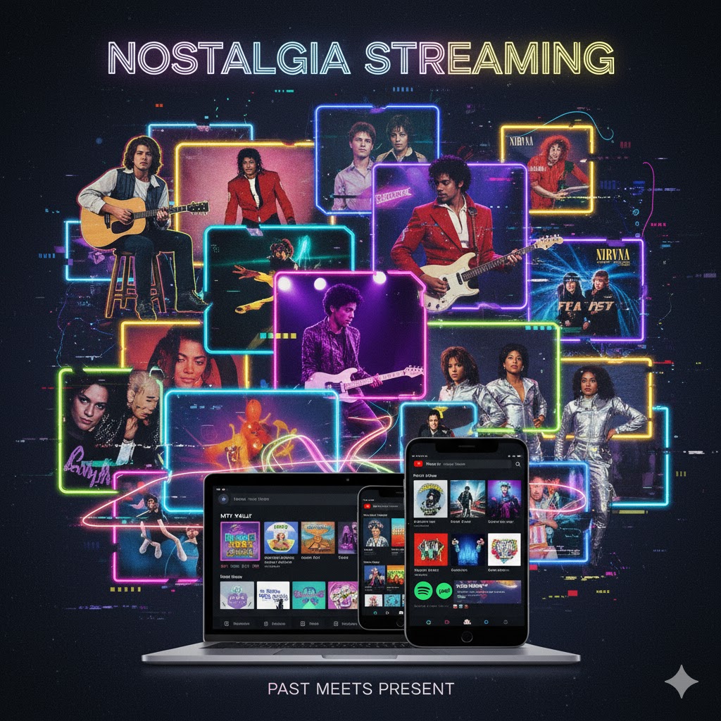 Collage of old MTV moments blending into modern streaming screens.