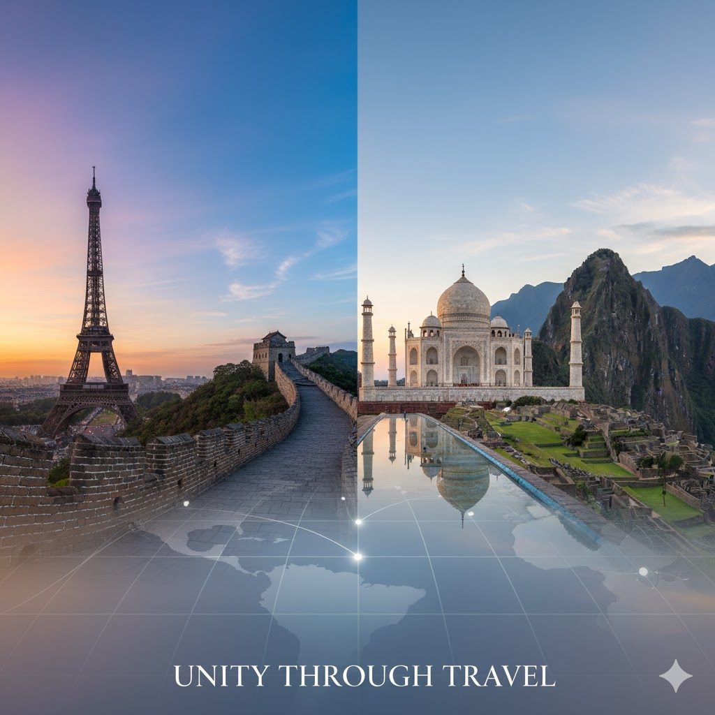 Collage of world landmarks – Eiffel Tower, Great Wall of China, Taj Mahal, and Machu Picchu under global sky, symbolizing unity through travel.