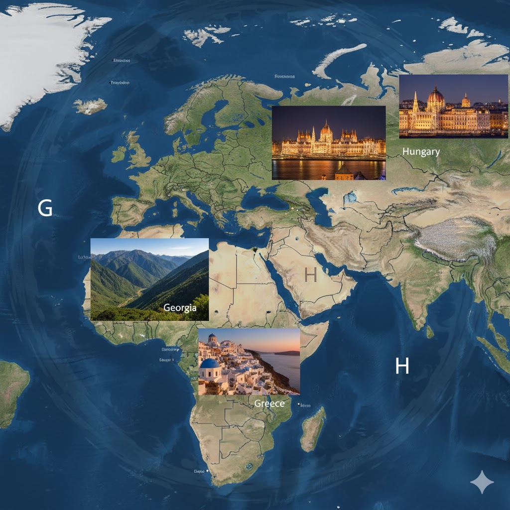 Collage showing Georgia mountains, Greek islands, and Budapest skyline