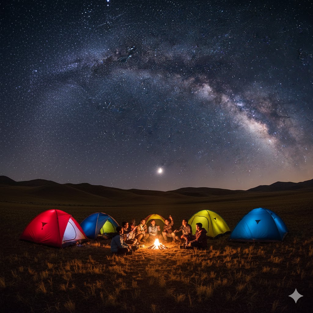 College group camping in Deosai National Park under starry night skies