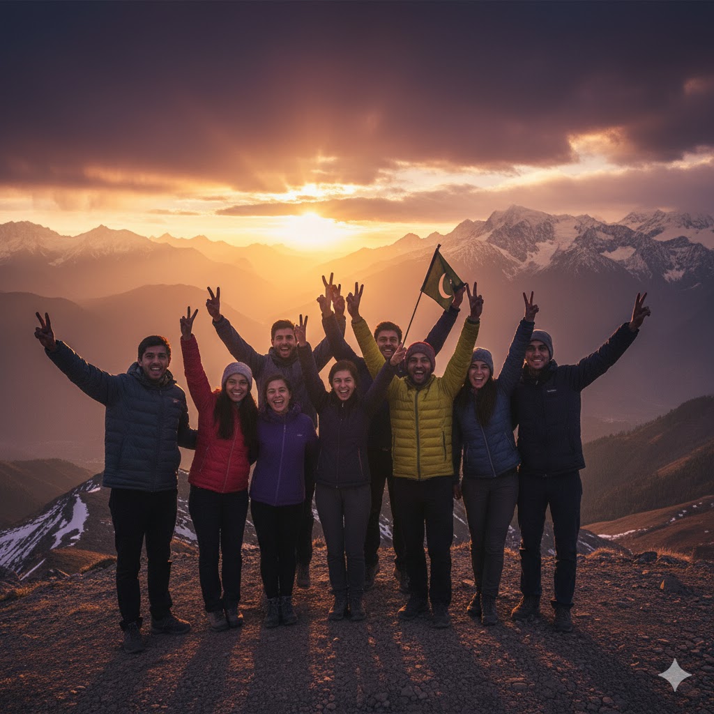 College group raising hands in victory pose under Northern Pakistan sunset