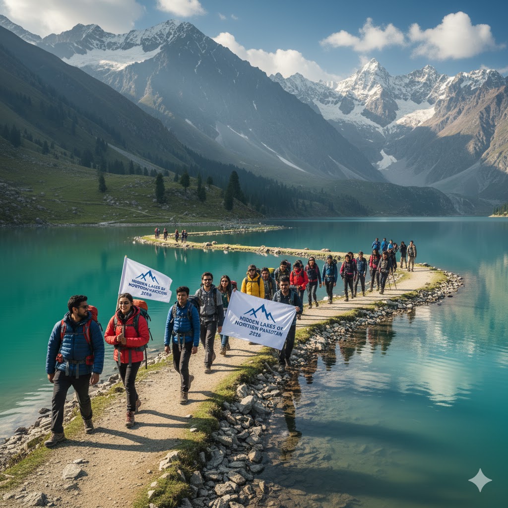 College group trekking along connecting trails between Lulusar and Saiful Muluk Lake. 