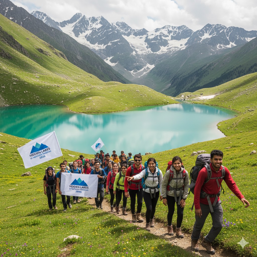 College group trekking to Ratti Gali Lake during Hidden Lakes of Northern Pakistan 2026. 
