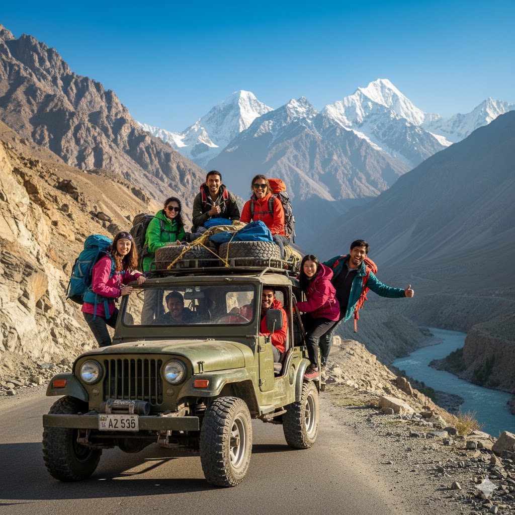 College students boarding a jeep on Karakoram Highway heading toward remote lakes in Gilgit-Baltistan