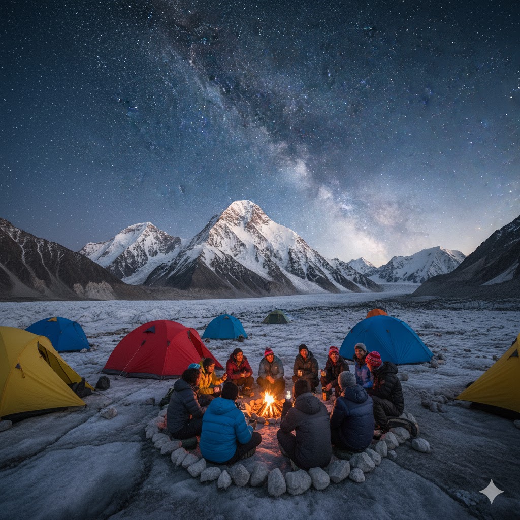 College students camping on Baltoro Glacier with K2 towering above