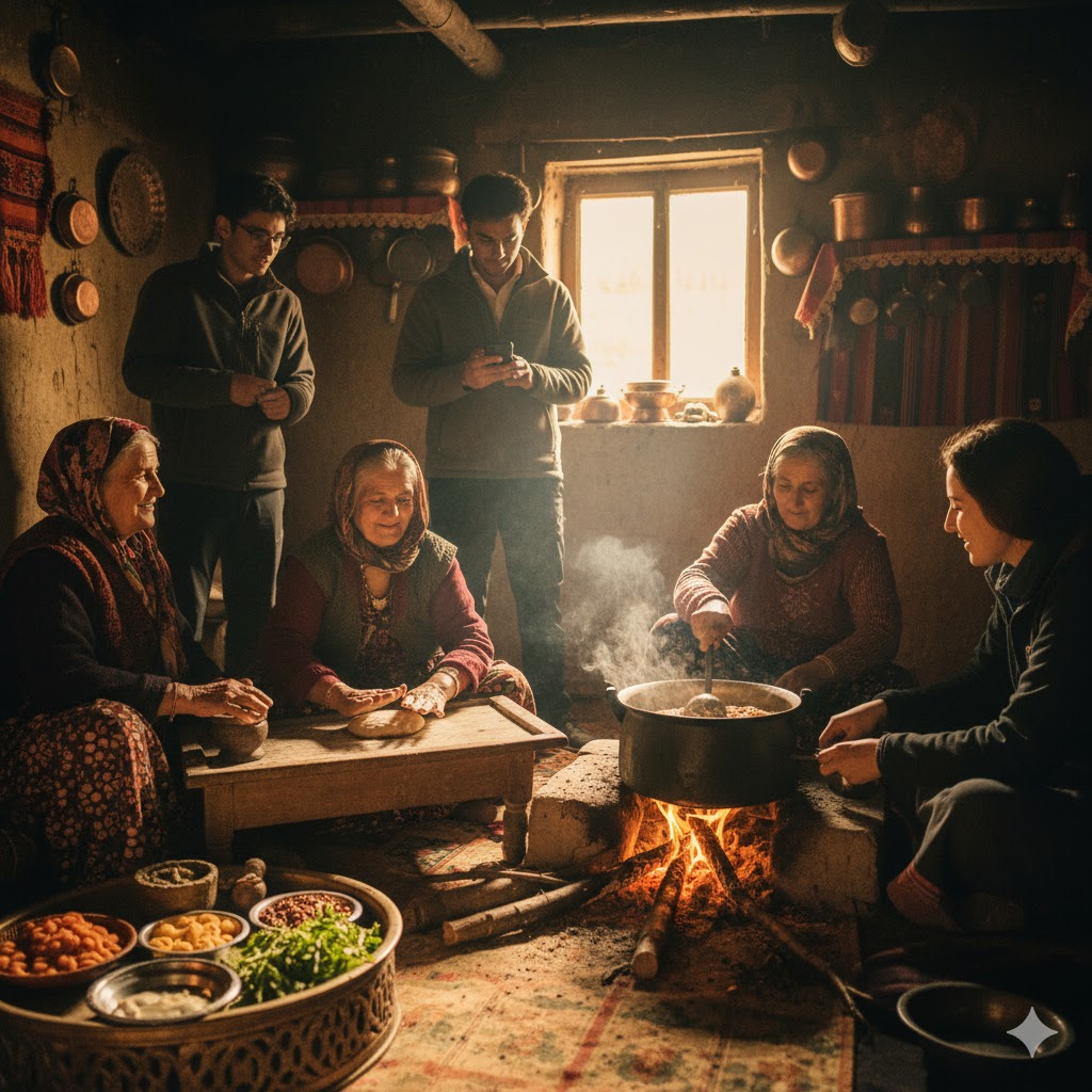 College students cooking traditional Balti food in a village home near Skardu