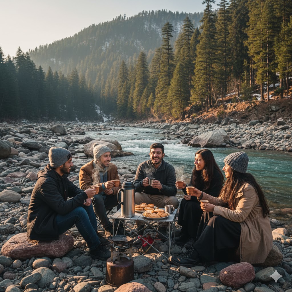 College students enjoying tea by the Kunhar River with pine-covered hills in the background