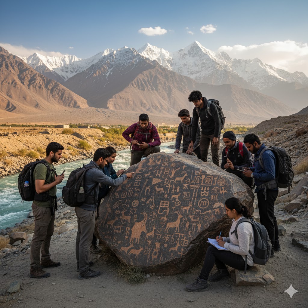 College students exploring Chilas rock carvings along the Silk Road in Gilgit-Baltistan
