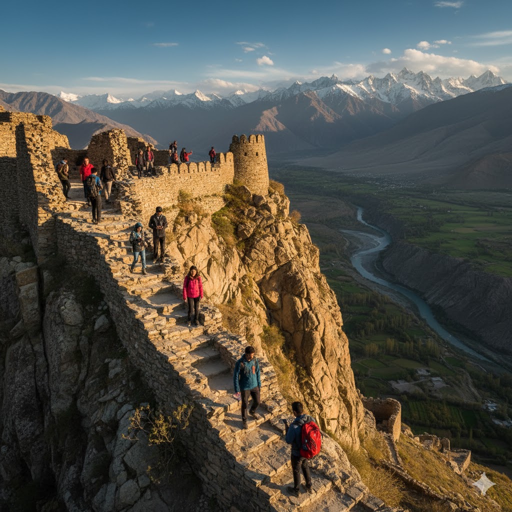College students exploring Kharphocho Fort ruins above Skardu Valley