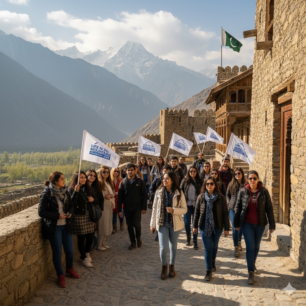 College students exploring Shigar Village during Life in the Mountains Pakistan 2026
