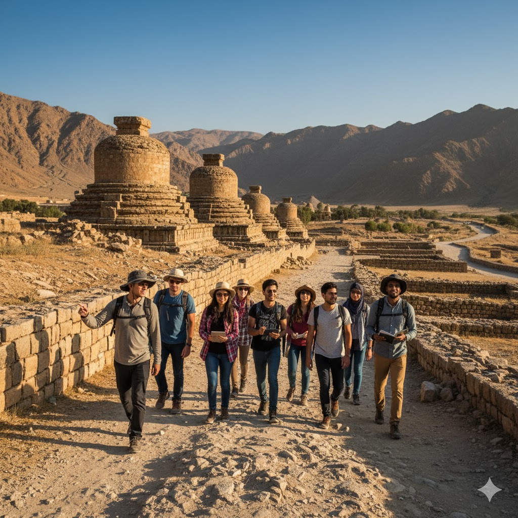 College students exploring ancient Buddhist ruins along the Silk Road heritage trails in Pakistan