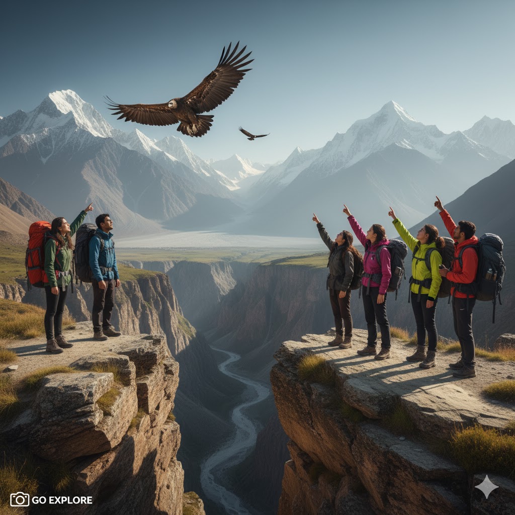 College students observing Himalayan eagles soaring above Shigar Valley cliffs.