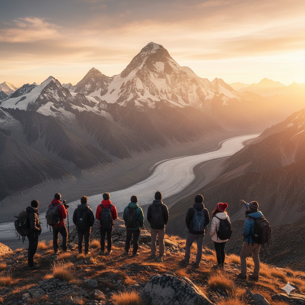 College students overlooking K2 and Baltoro Glacier from a high ridge in Skardu Valley during sunset. 