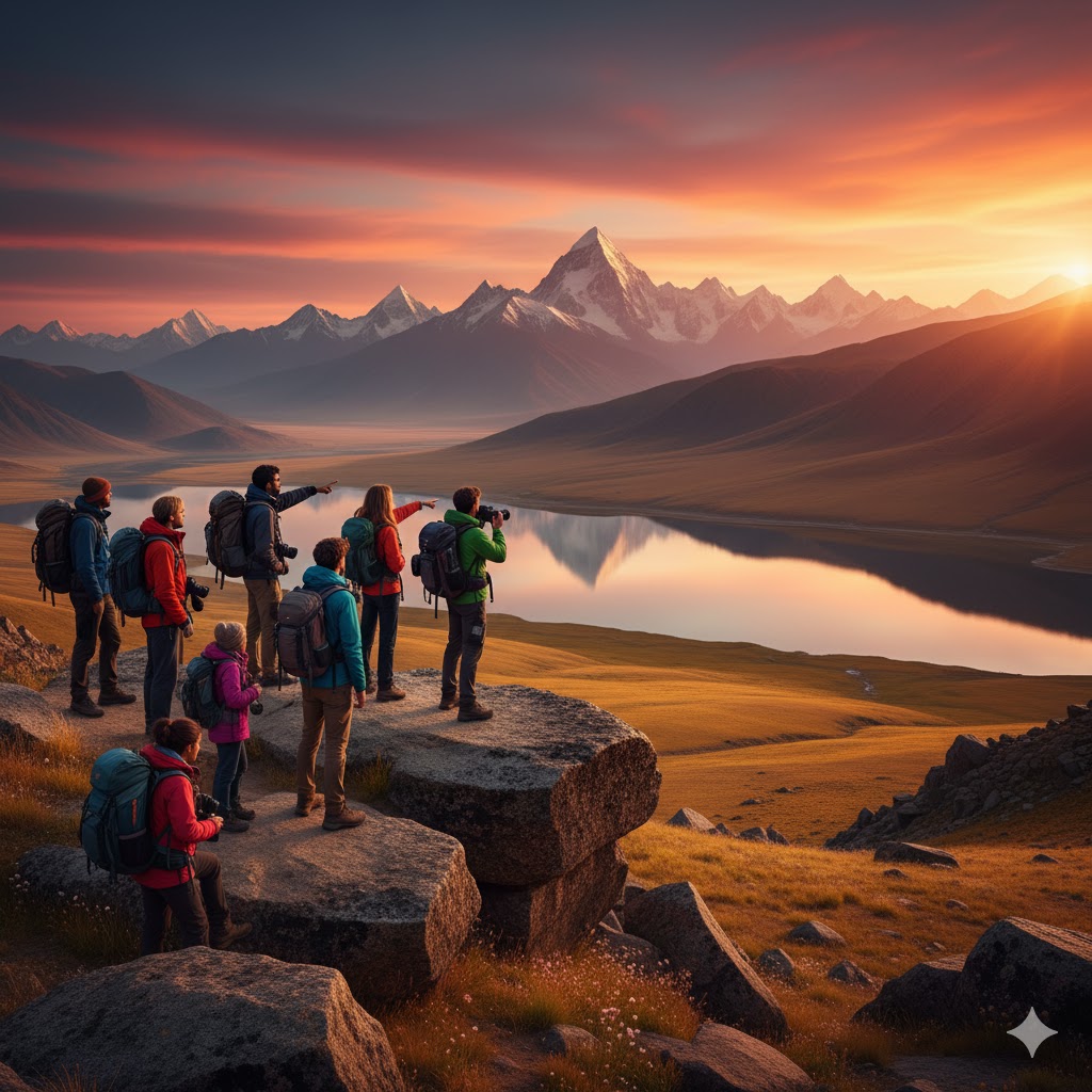 College students overlooking Sheosar Lake and Deosai Plains with K2 in background during sunset
