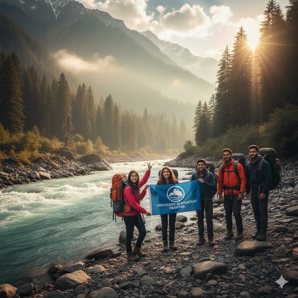 College students posing at Kunhar River during Life in the Mountains Pakistan 2026