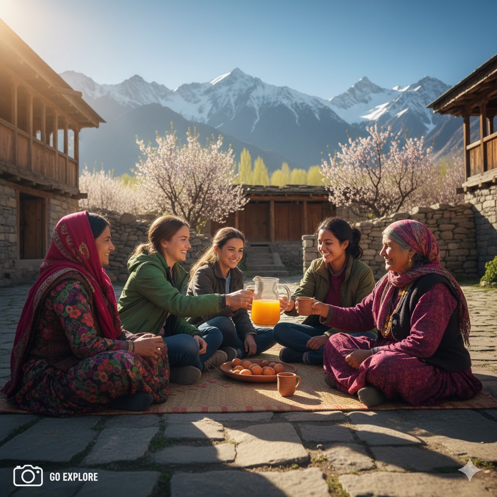 College students sharing apricot juice with villagers in Khaplu Valley