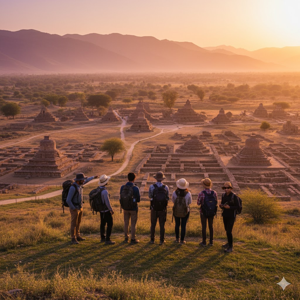 College students standing on a hill overlooking ancient Buddhist ruins along the Silk Road in Pakistan at sunset.