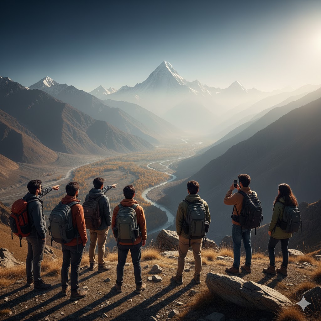 College students standing on a ridge overlooking Skardu Valley with K2 in the distance