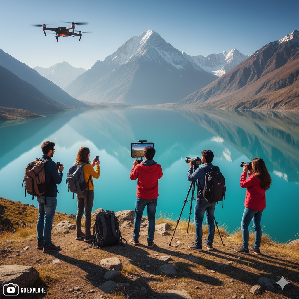 College students taking drone footage over Sheosar Lake with mountains in background