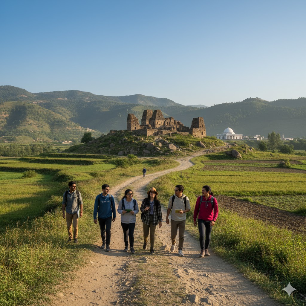 College students trekking between Udegram Monastery and Saidu Sharif Museum