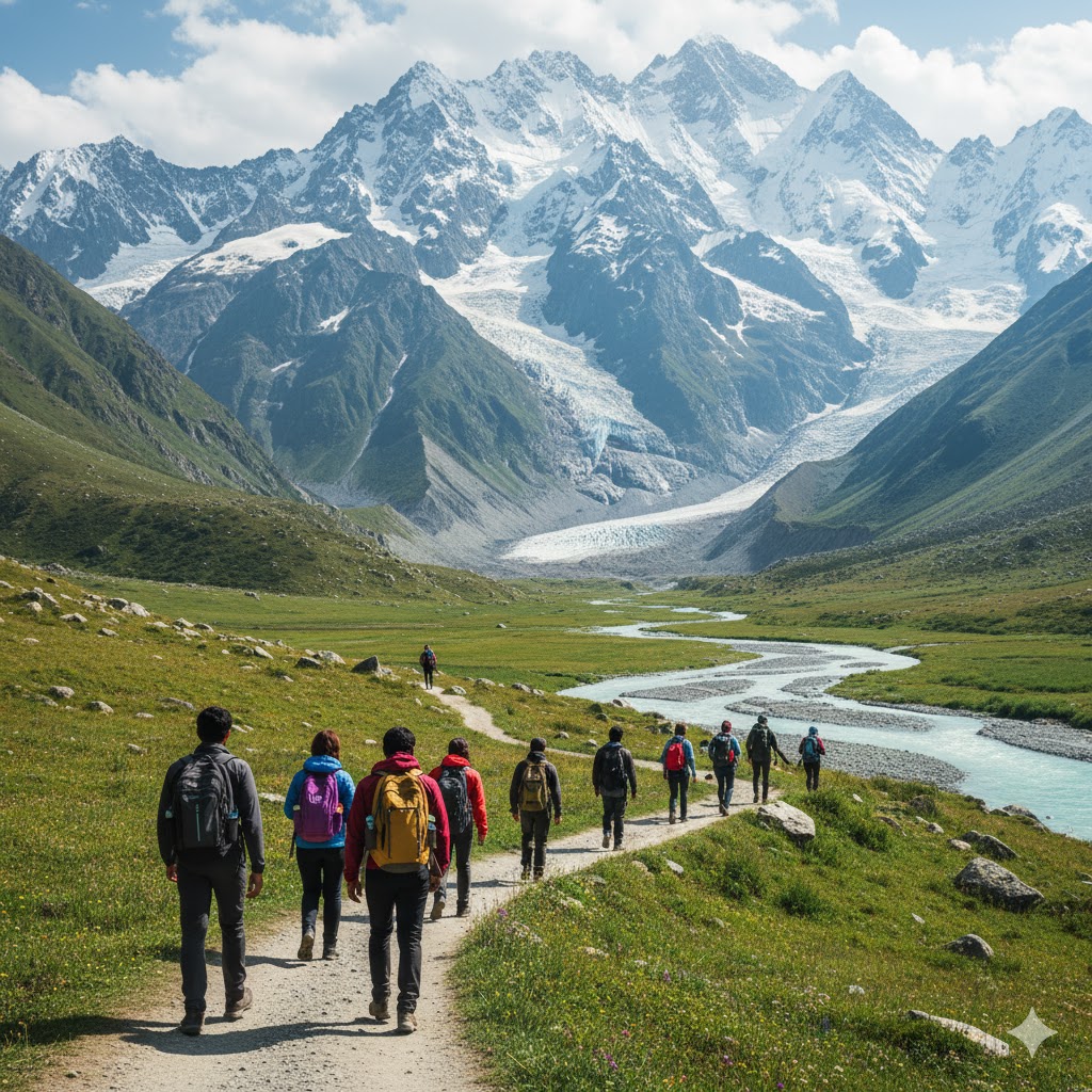 College students trekking toward Hushe Valley with glacial mountains in background. 