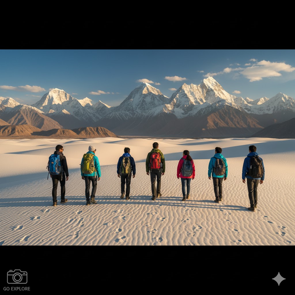 College students walking across White Sand areas in Shigar Valley with mountains behind.