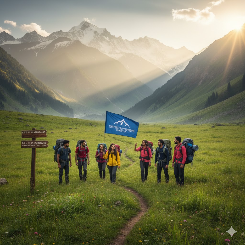College travelers hiking through green meadows in Kaghan Valley during Life in the Mountains Pakistan 2026