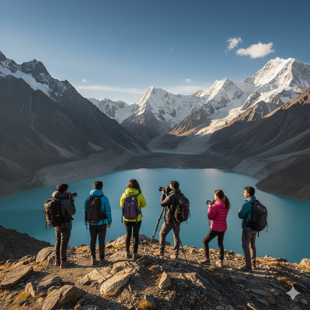 College travelers standing on a cliff overlooking a remote lake in Gilgit-Baltistan, with snow-capped mountains in the background.