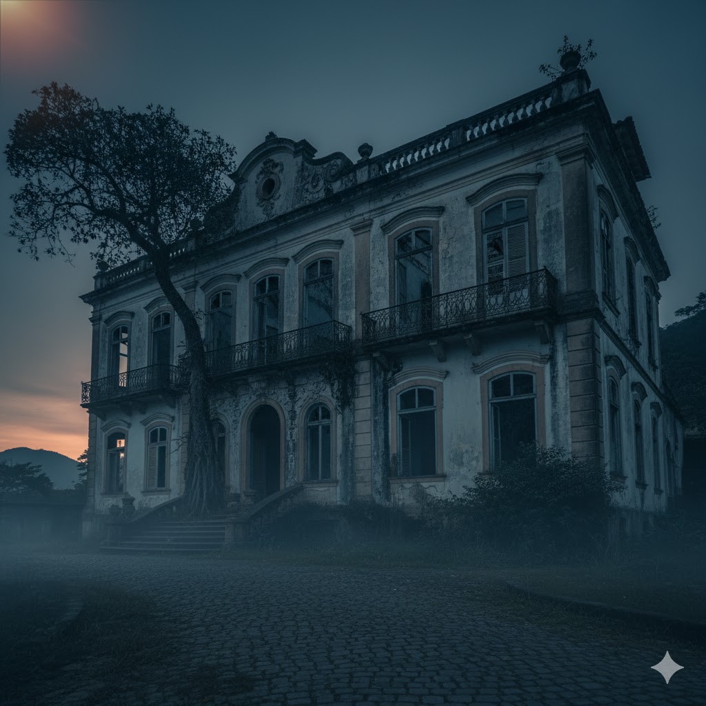 Colonial-era mansion with cracked walls in Santa Teresa under dim evening light. 