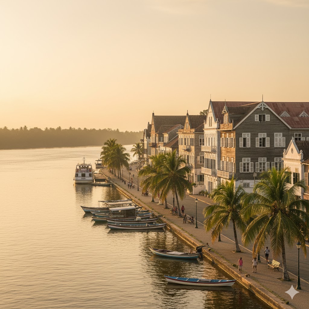 Colonial wooden houses and riverfront of Paramaribo, Suriname