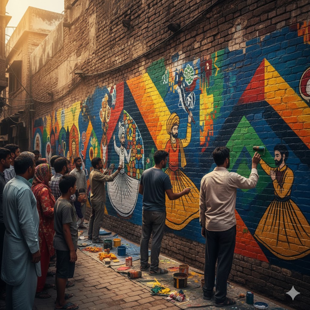 Colorful Lahore street mural with artists painting cultural motifs on old city wall.