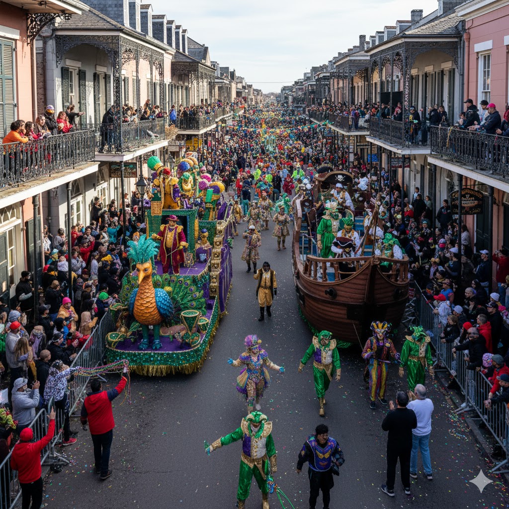 Colorful Mardi Gras parade floats and masked revelers on Bourbon Street, New Orleans 2026