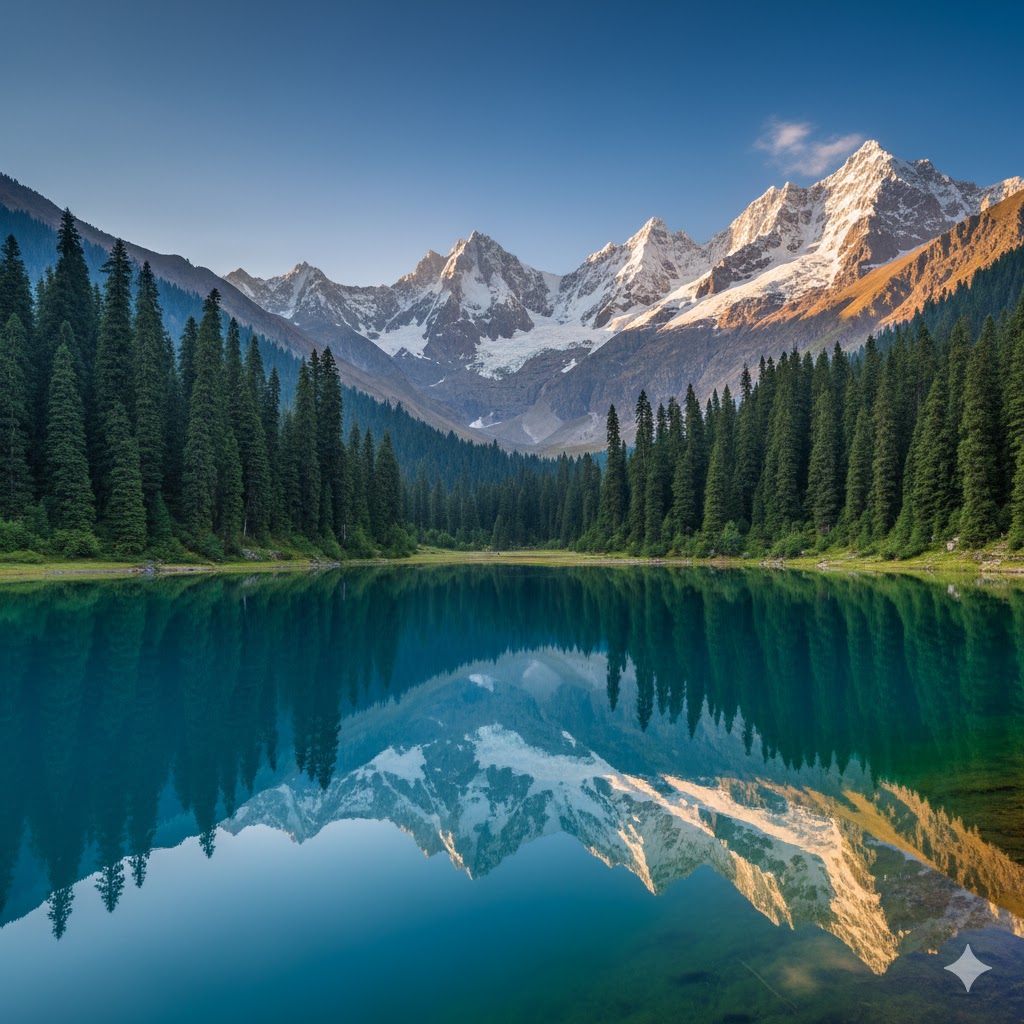 Colorful Satrangi Lake reflecting green pine forests and snow peaks in Naltar Valley
