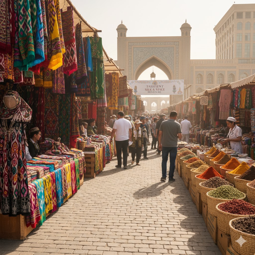 Colorful Uzbek silk fabrics and spice stalls at Tashkent Silk & Spice Festival.