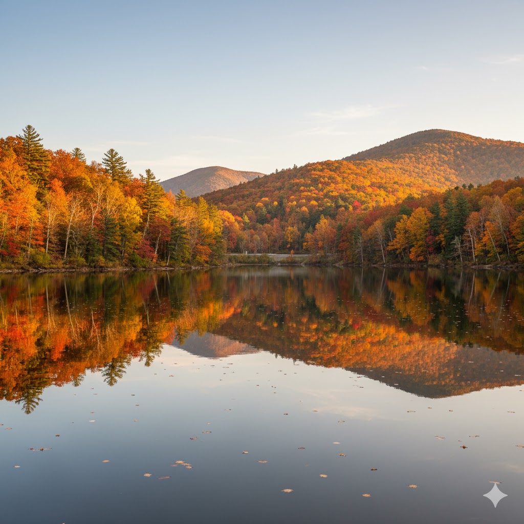 Colorful autumn trees reflecting on a calm lake along the Blue Ridge Parkway