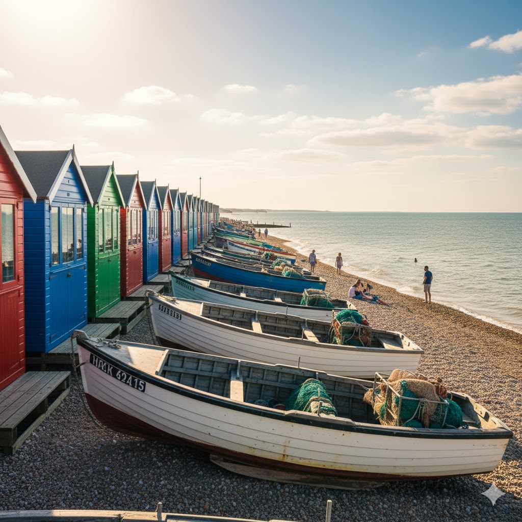 Colorful beach huts and boats along Whitstable coast during summer afternoon