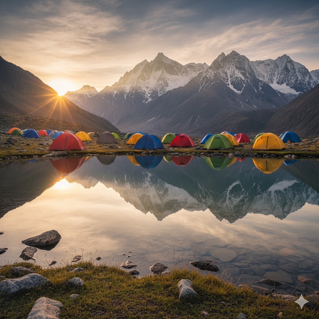 Colorful camping tents pitched beside Sheosar Lake with reflections of nearby peaks. Colorful camping tents pitched beside Sheosar Lake with reflections of nearby peaks.