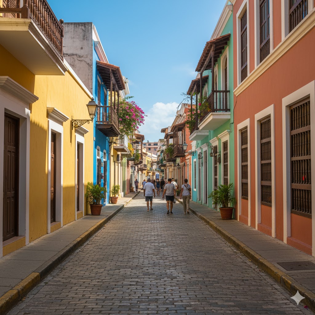 Colorful colonial buildings on cobblestone street, Old San Juan, Puerto Rico