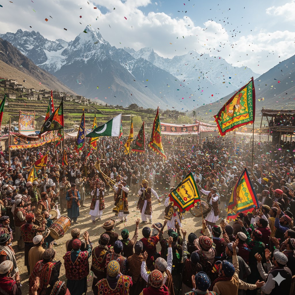 Colorful crowd celebrating a traditional festival in Northern Pakistan with flags and music