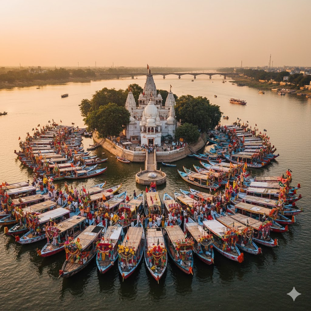 Colorful decorated boats gathering on the Indus River around Sadhu Bela island during the festival.