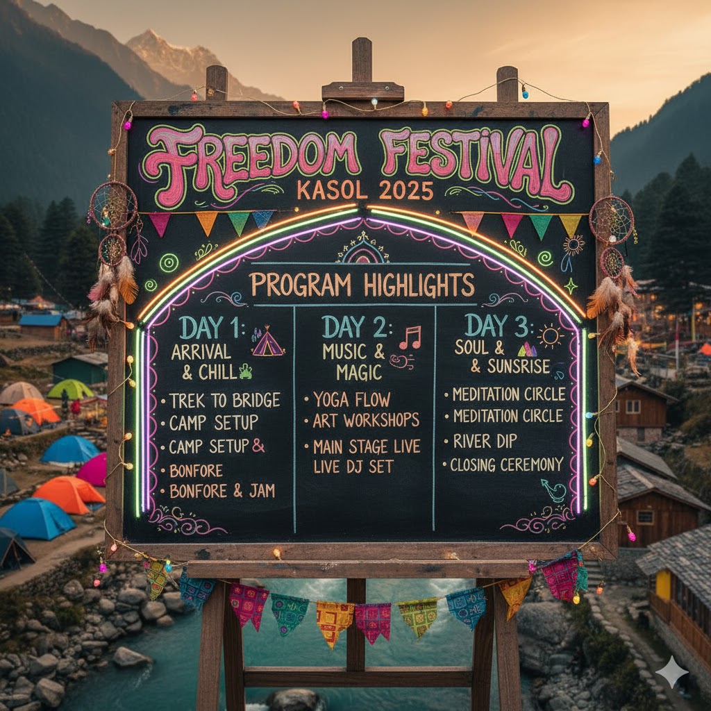 Colorful event schedule board showing Freedom Festival 2025 program highlights