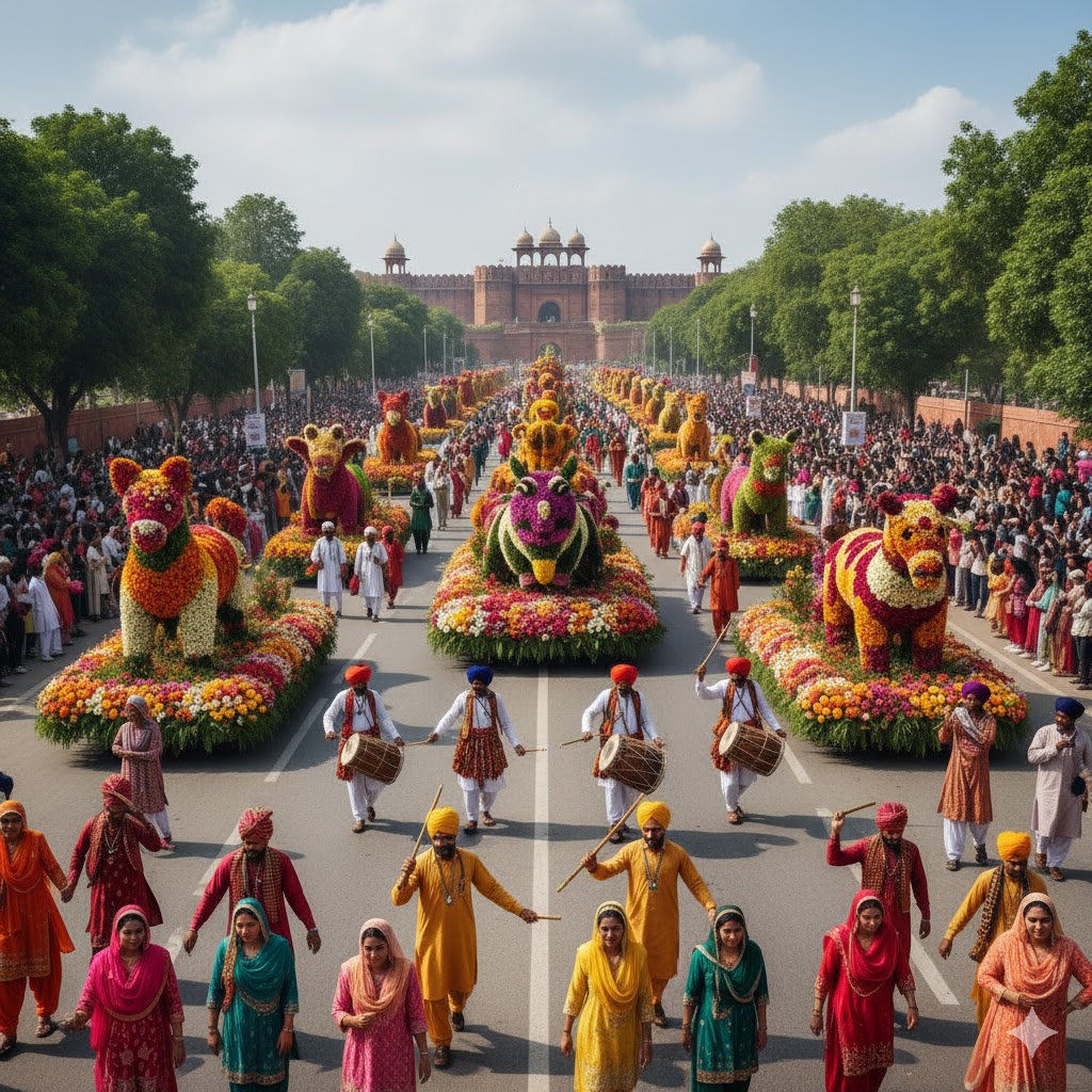 Colorful flower displays and cultural parades during Jashn-e-Baharaan Spring Festival in Lahore.