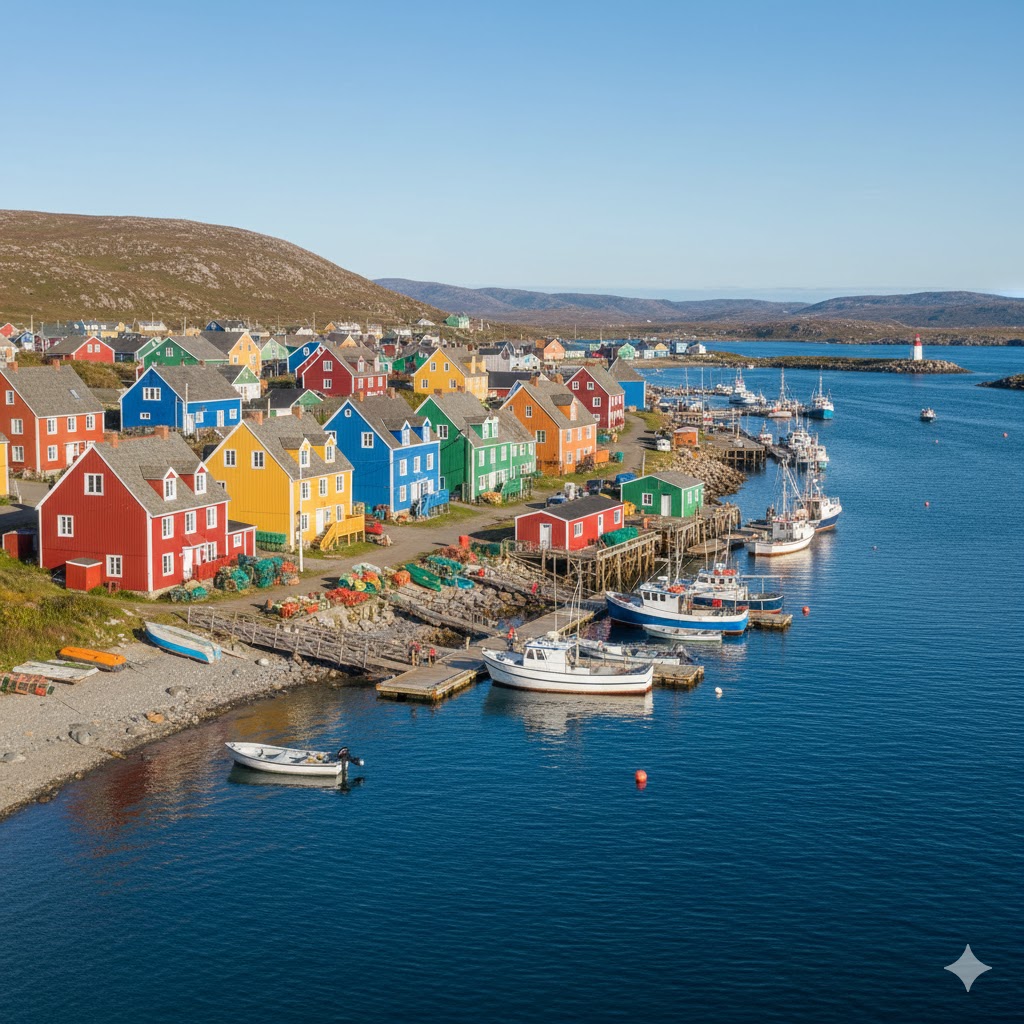 Colorful harbor houses with fishing boats at Saint-Pierre, Saint-Pierre and Miquelon