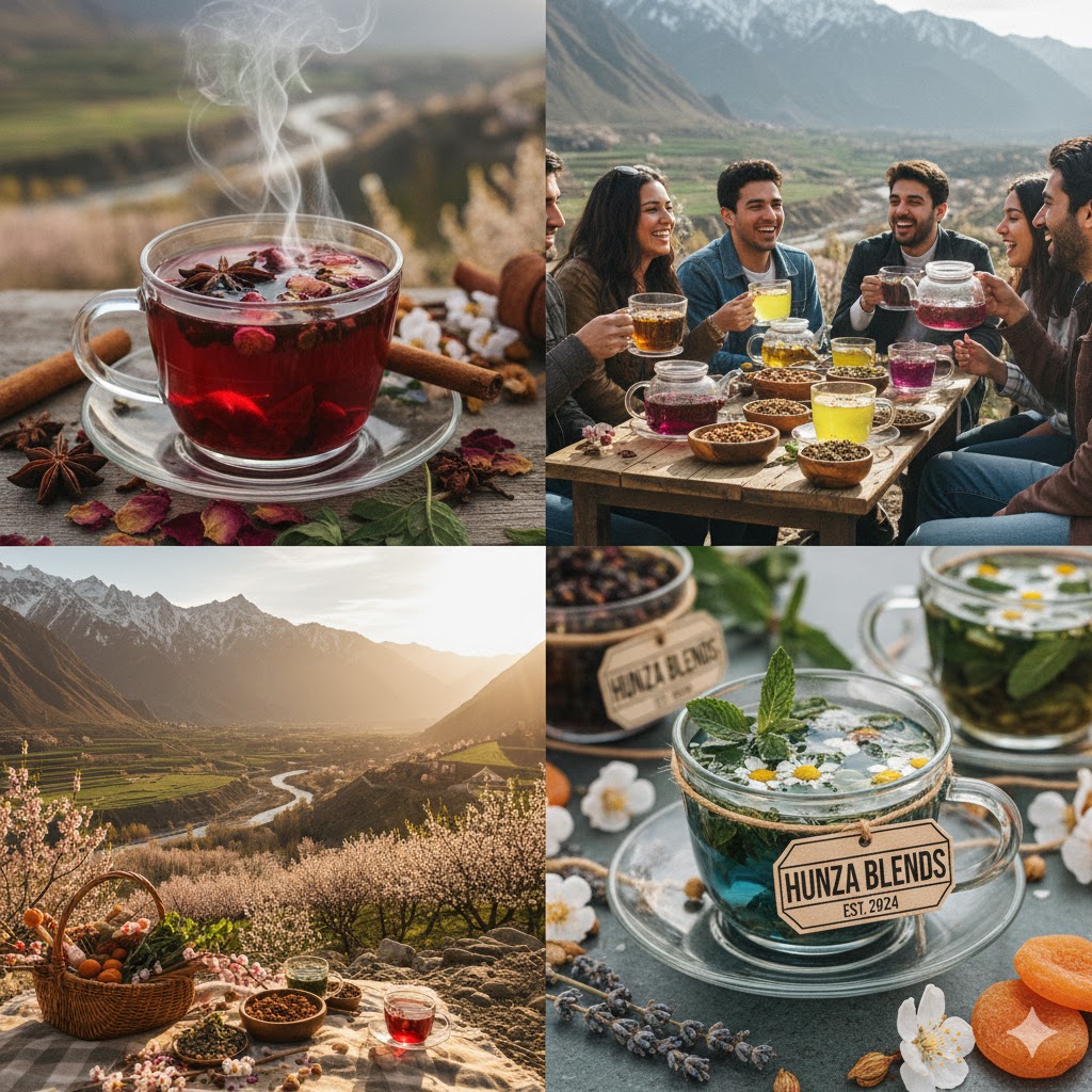 Colorful herbal tea served in glass cups with dried herbs and apricot blossoms in Hunza Valley.