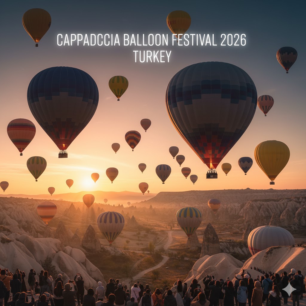 Colorful hot air balloons at Cappadocia Balloon Festival 2026, Turkey