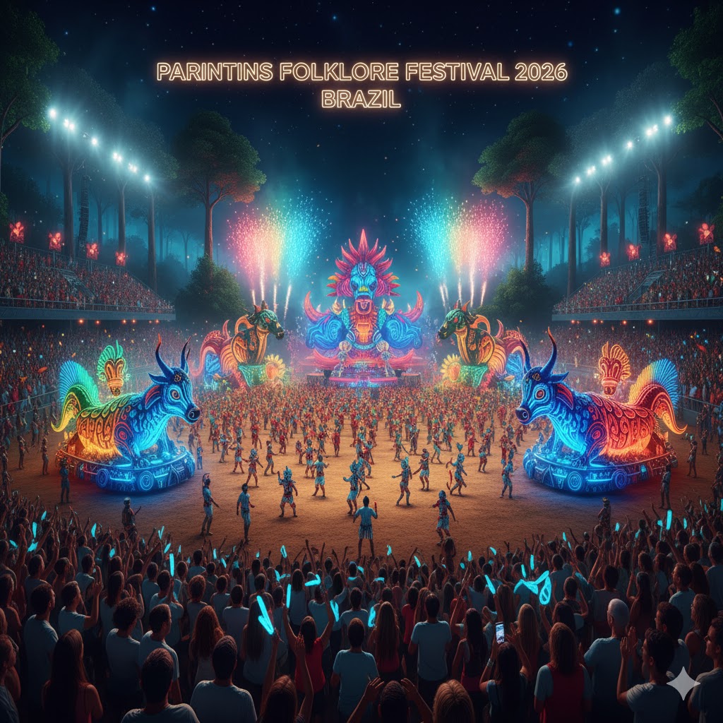 Colorful jungle performance at Parintins Folklore Festival 2026, Brazil